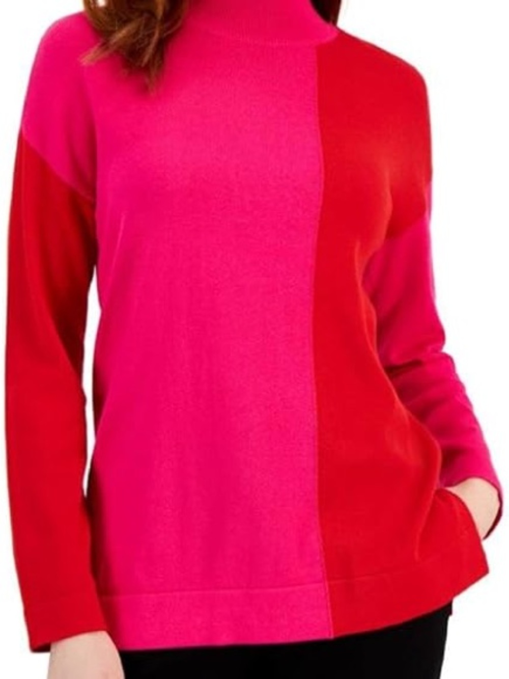 Anne Klein Pink and Red Colorblock Mock Neck Sweater Medium
